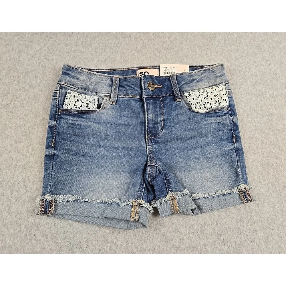 SO Jean Shorts Girls Size 7 Cut Off Mid Rise Denim Floral Shortie Jeans NWT